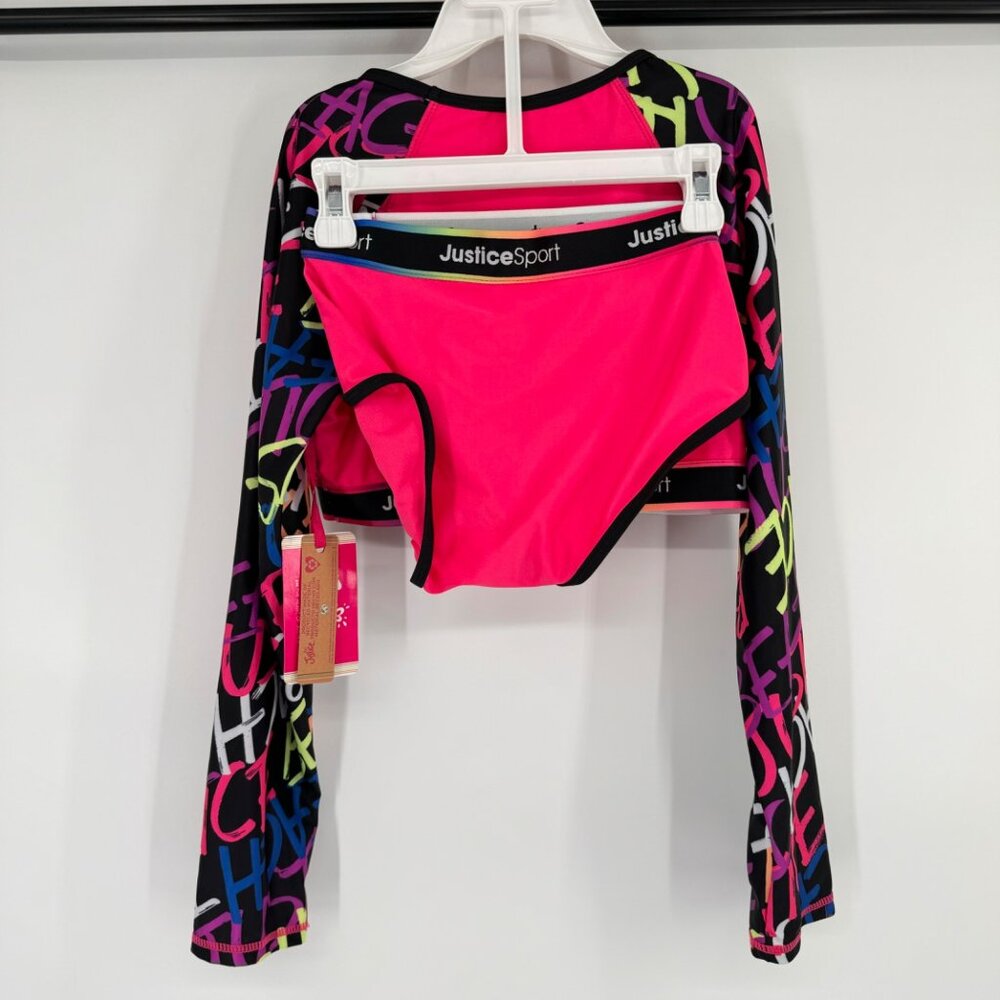 Justice Sport Girls Long Sleeve Crop Top & Bikini Set Large Pink size large - Picture 7 of 10